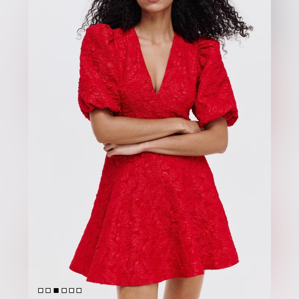 H&M Red Textured V-Neck Puff Sleeve Mini Dress